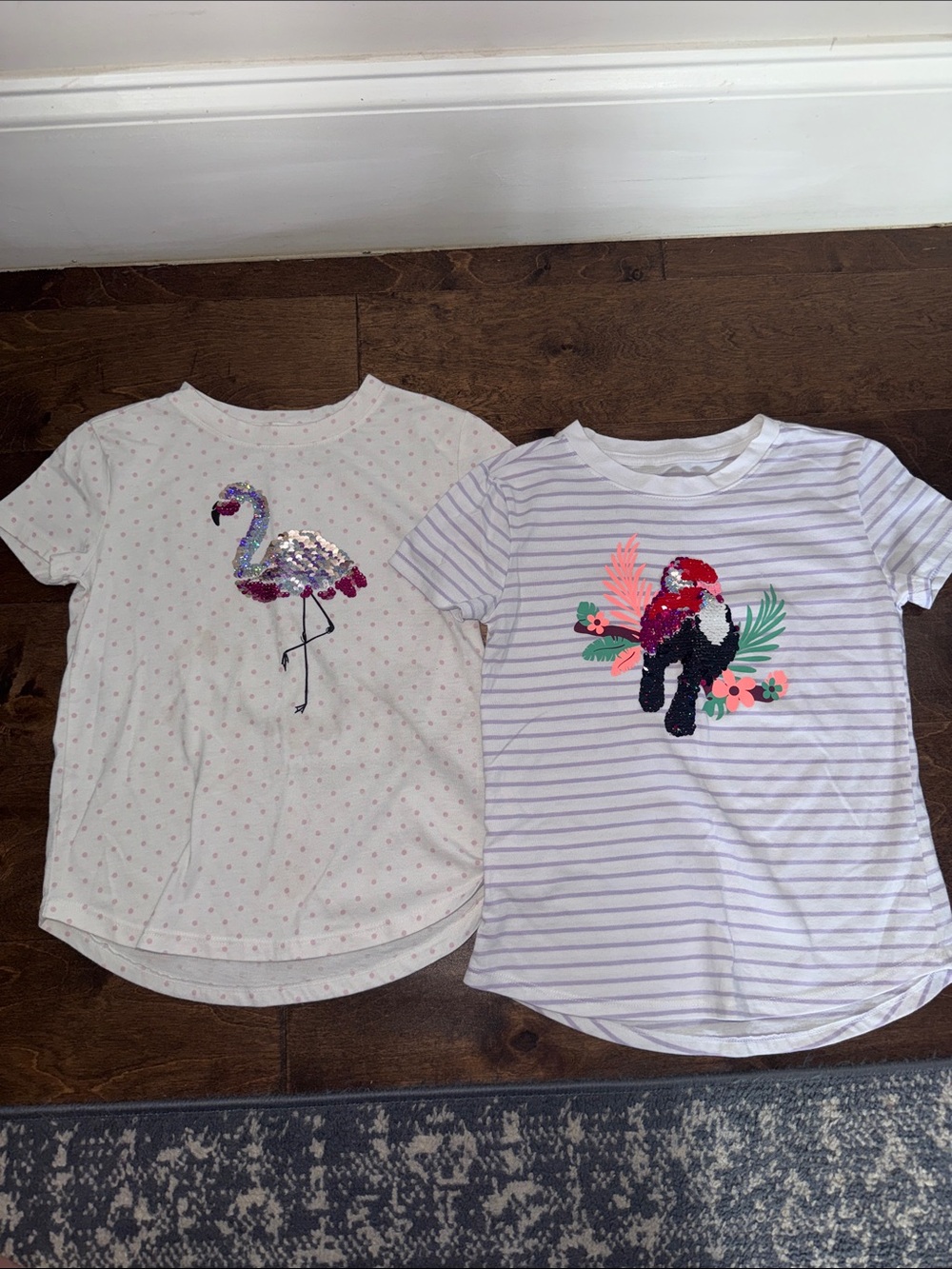 Girls White Short Sleeve Tee with Reversible Sequin Flamingo